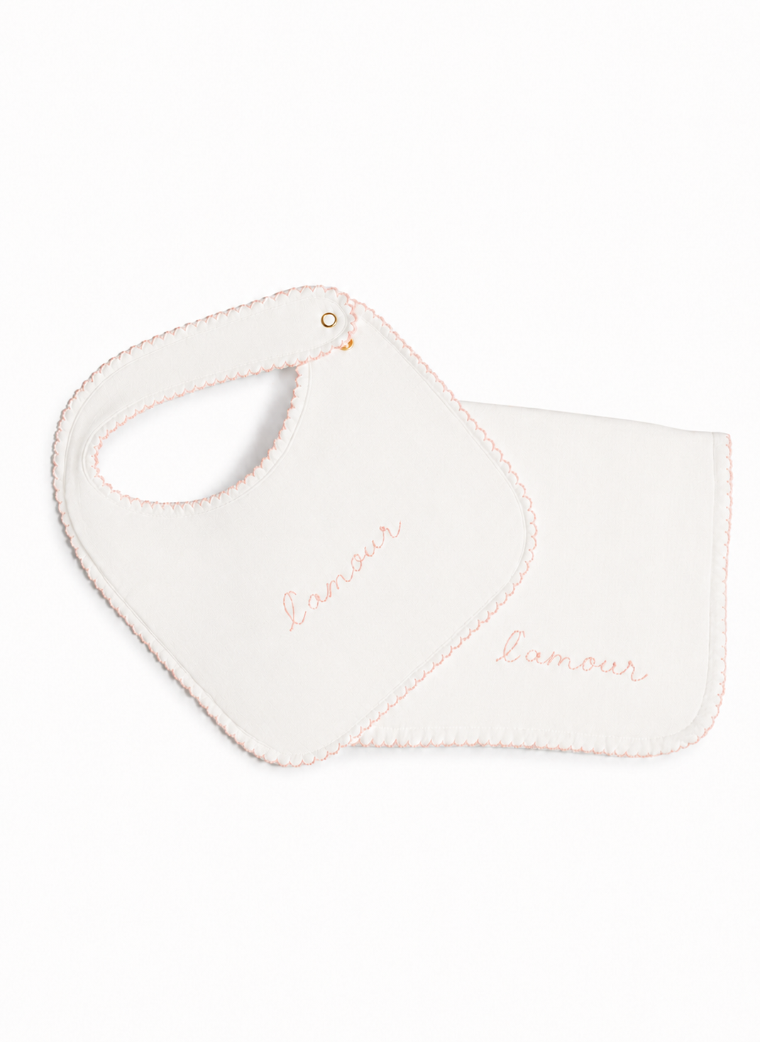 Bib & Burp Cloth Set - Embroidered Pink "L'Amour"