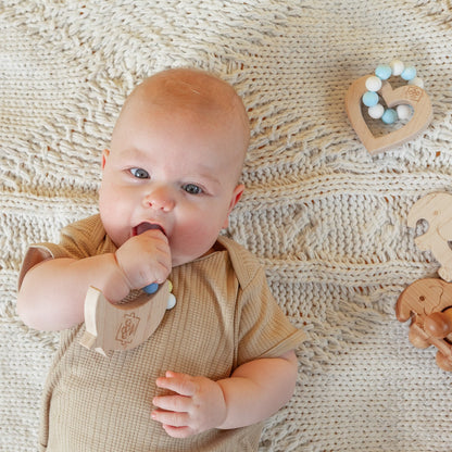 Silicone Bead Teether with Organic Cotton Bag - Heart with Blue Beads | Made in the USA 🇺🇸