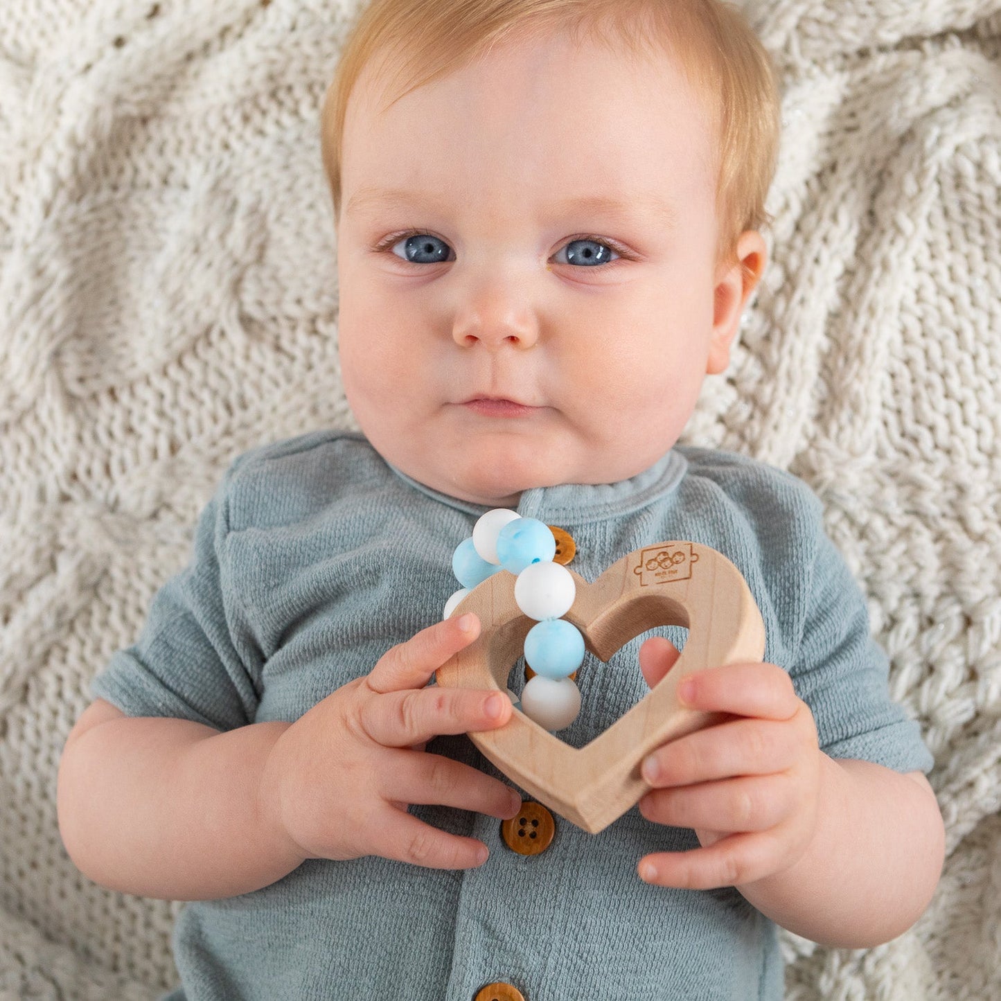 Silicone Bead Teether with Organic Cotton Bag - Heart with Blue Beads | Made in the USA 🇺🇸