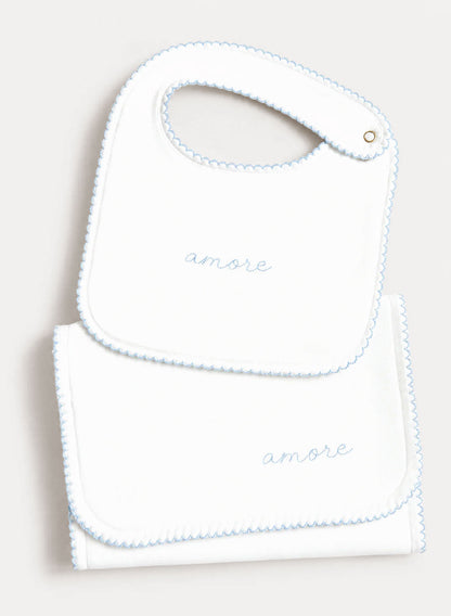 Bib & Burp Cloth Set - Embroidered Blue "Amore"