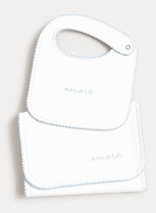 Bib & Burp Cloth Set - Embroidered Blue "Amore"
