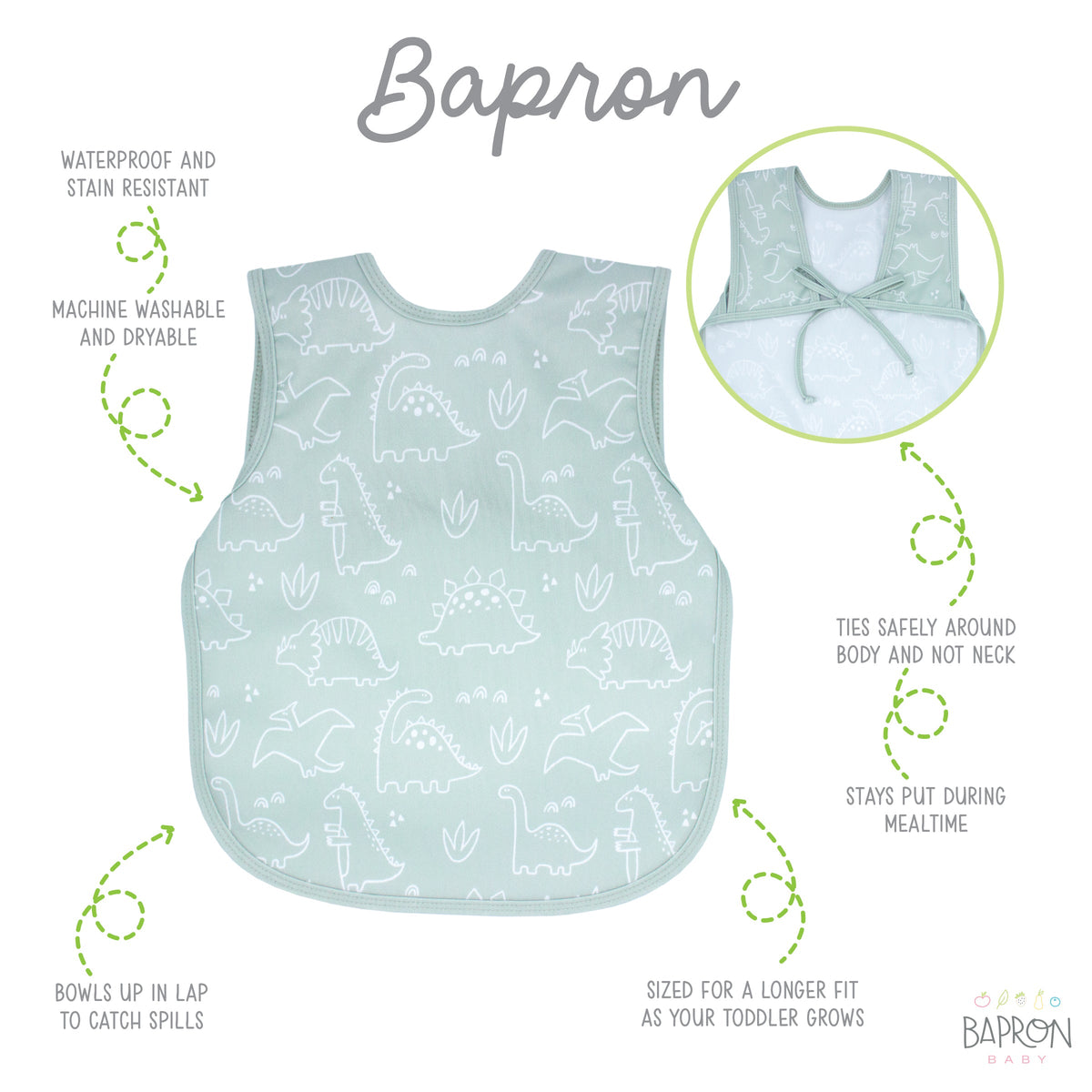 Dino Friends - Sage Bapron SALE **PRESCHOOL SIZE ONLY**