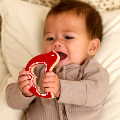 Solid Maple Wood Bird Rattle & Teether (Brick Red) – Natural Wooden Baby Toy | Made in the USA 🇺🇸