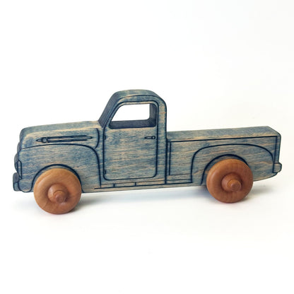 Montessori Educational 9" Vintage Blue Wooden Pickup Truck for Toddlers 1–3 | Eco-Friendly Maple Wood Toy | Made in the USA 🇺🇸