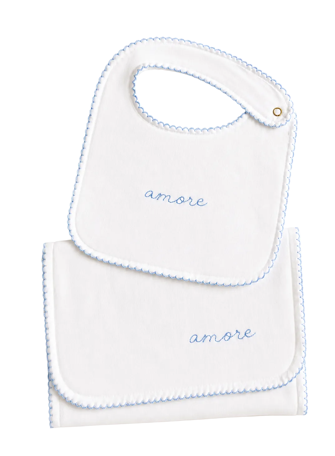 Bib & Burp Cloth Set - Embroidered Blue "Amore"