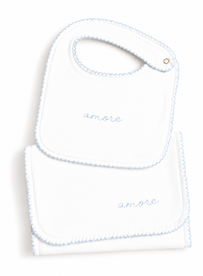 Bib & Burp Cloth Set - Embroidered Blue "Amore"