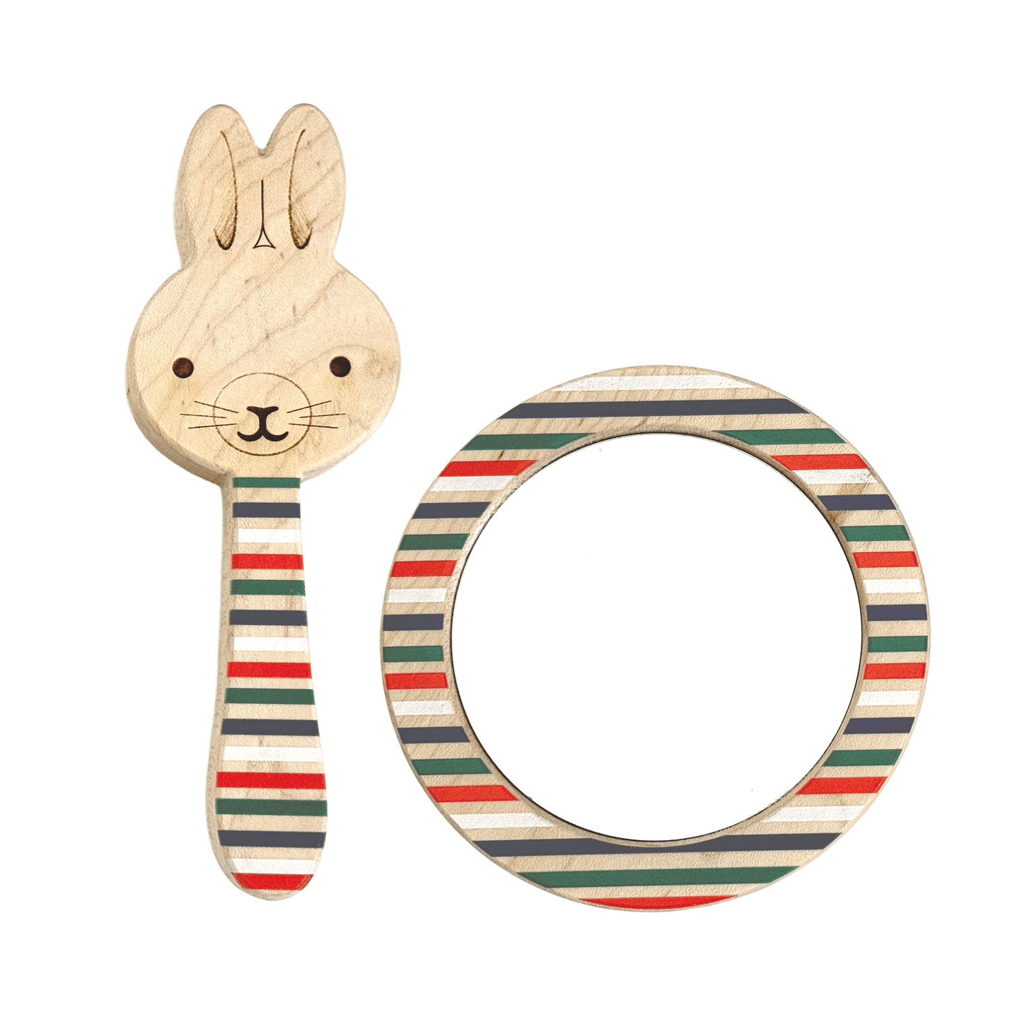 Printed Bunny Single-Piece Rattle and Matching Mirror | Made in the USA 🇺🇸