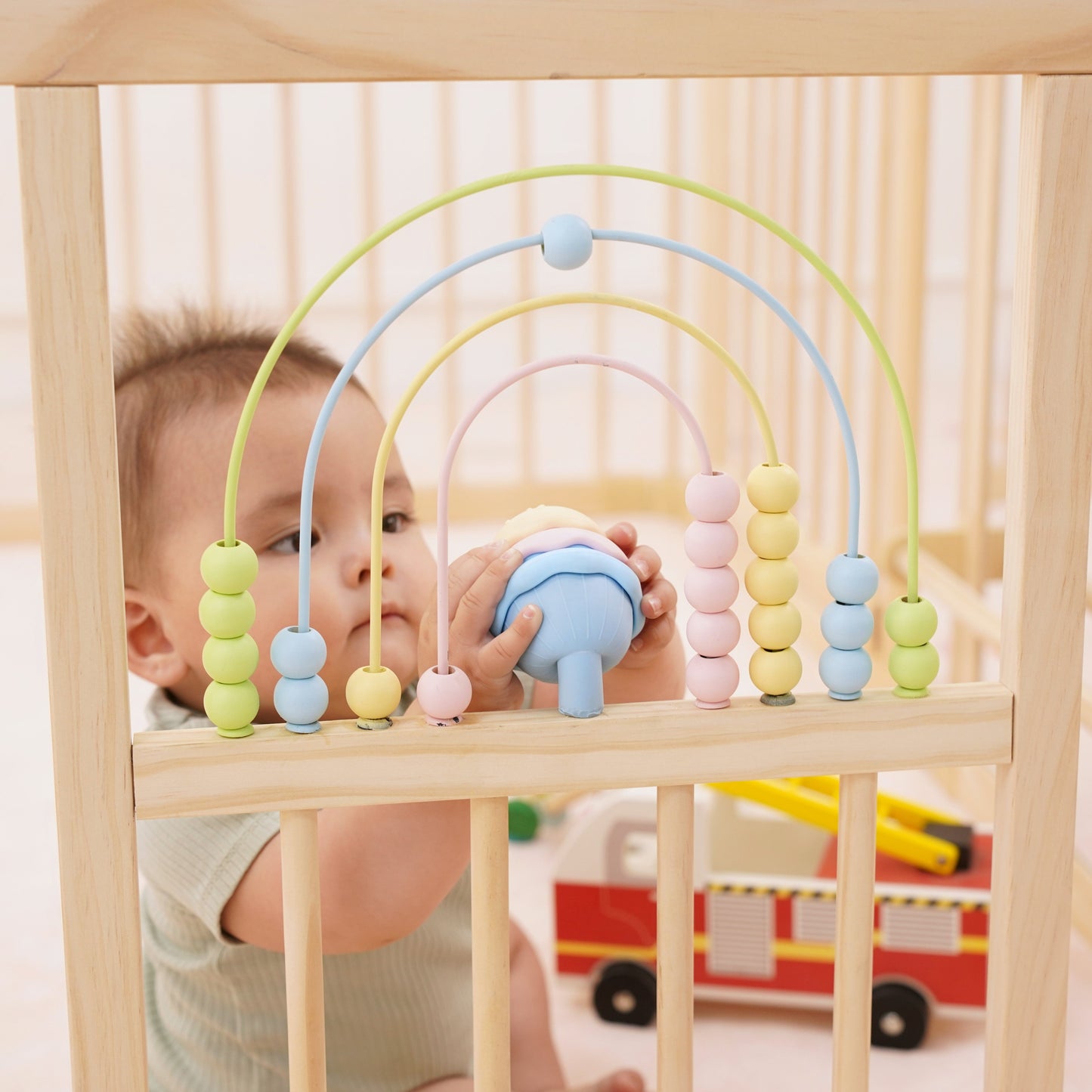 Wooden Baby Playpen with Mirror & Whiteboard Panel – Foldable 63" x 63" Montessori Sensory Play Yard