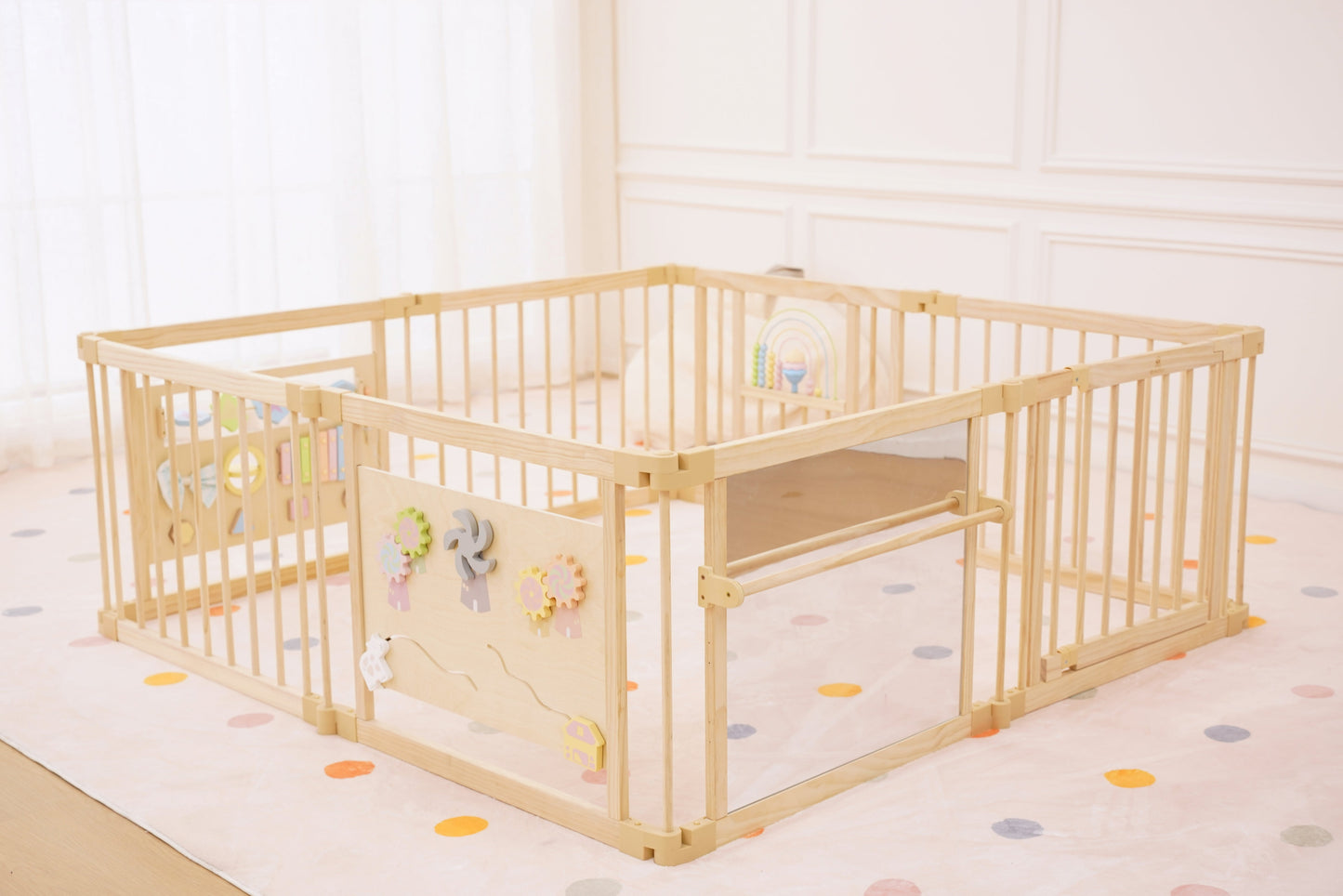 Wooden Baby Playpen with Mirror & Whiteboard Panel – Foldable 63" x 63" Montessori Sensory Play Yard