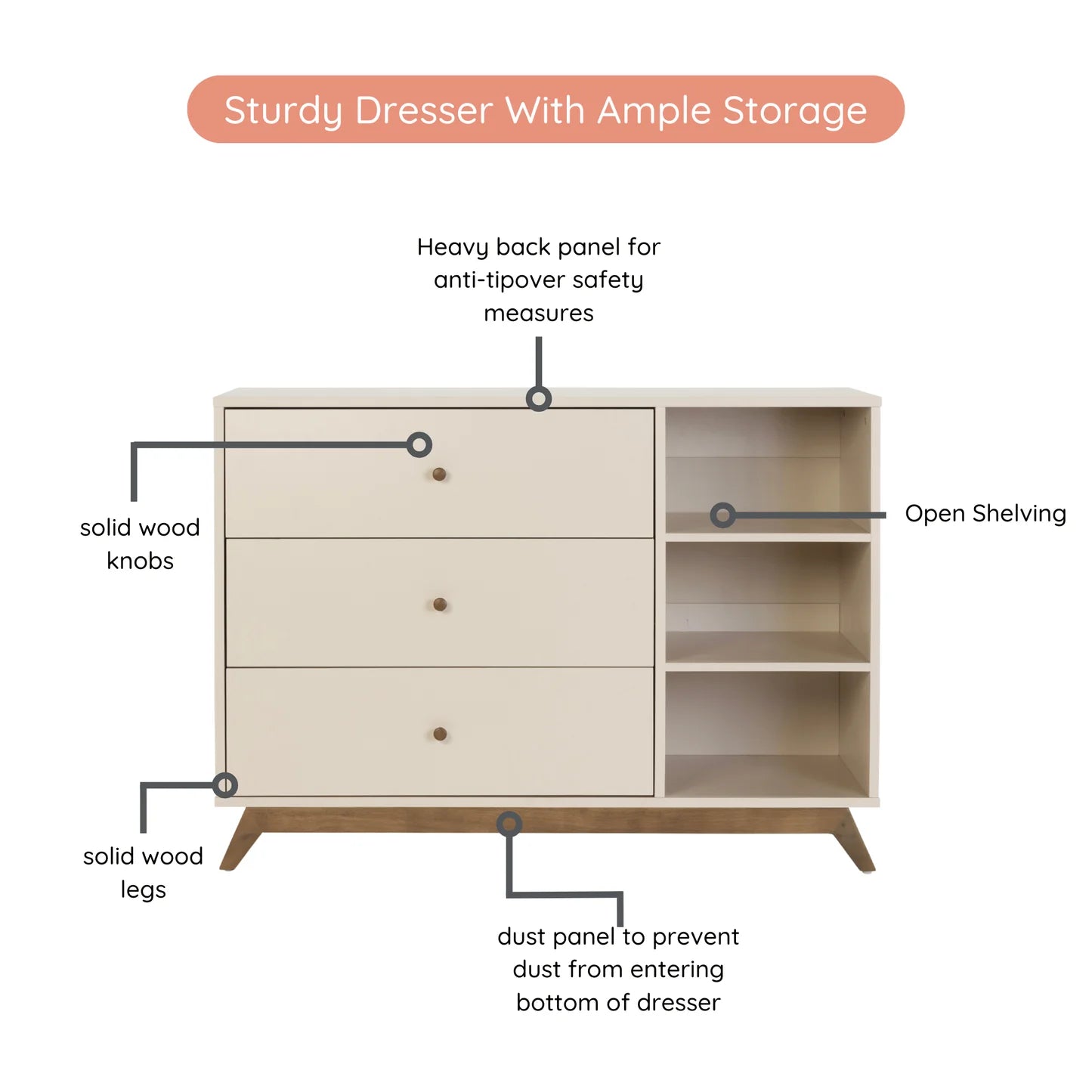 Central Park 3-drawer, Two Shelves Nursery Dresser