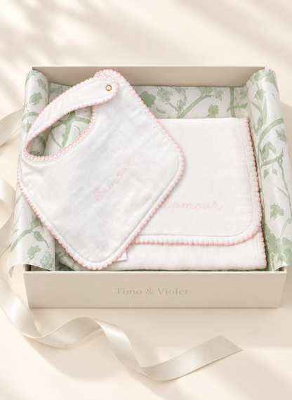 Bib & Burp Cloth Set - Embroidered Pink "L'Amour"