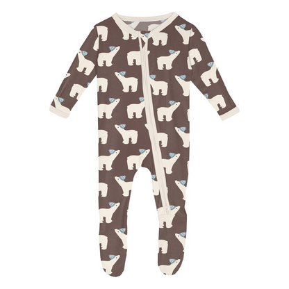 Print Footie with 2 Way Zipper, Coffee Polar Bears