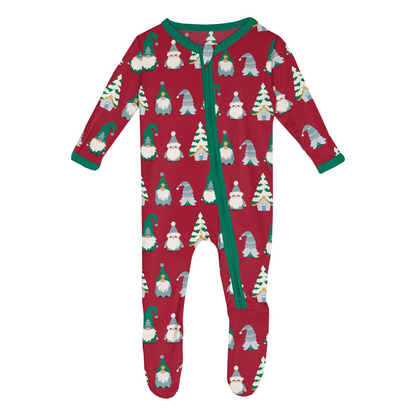 Print Footie with 2 Way Zipper, Crimson Gnomes