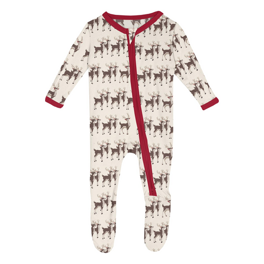 Print Footie with 2 Way Zipper, Natural Rudolph