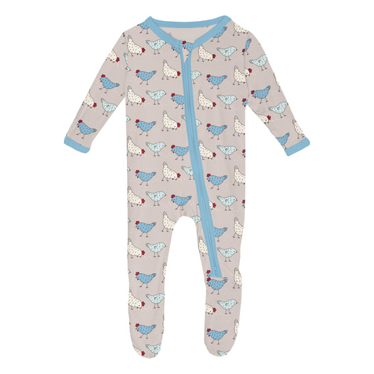 Print Footie with 2 Way Zipper, Latte Chickens