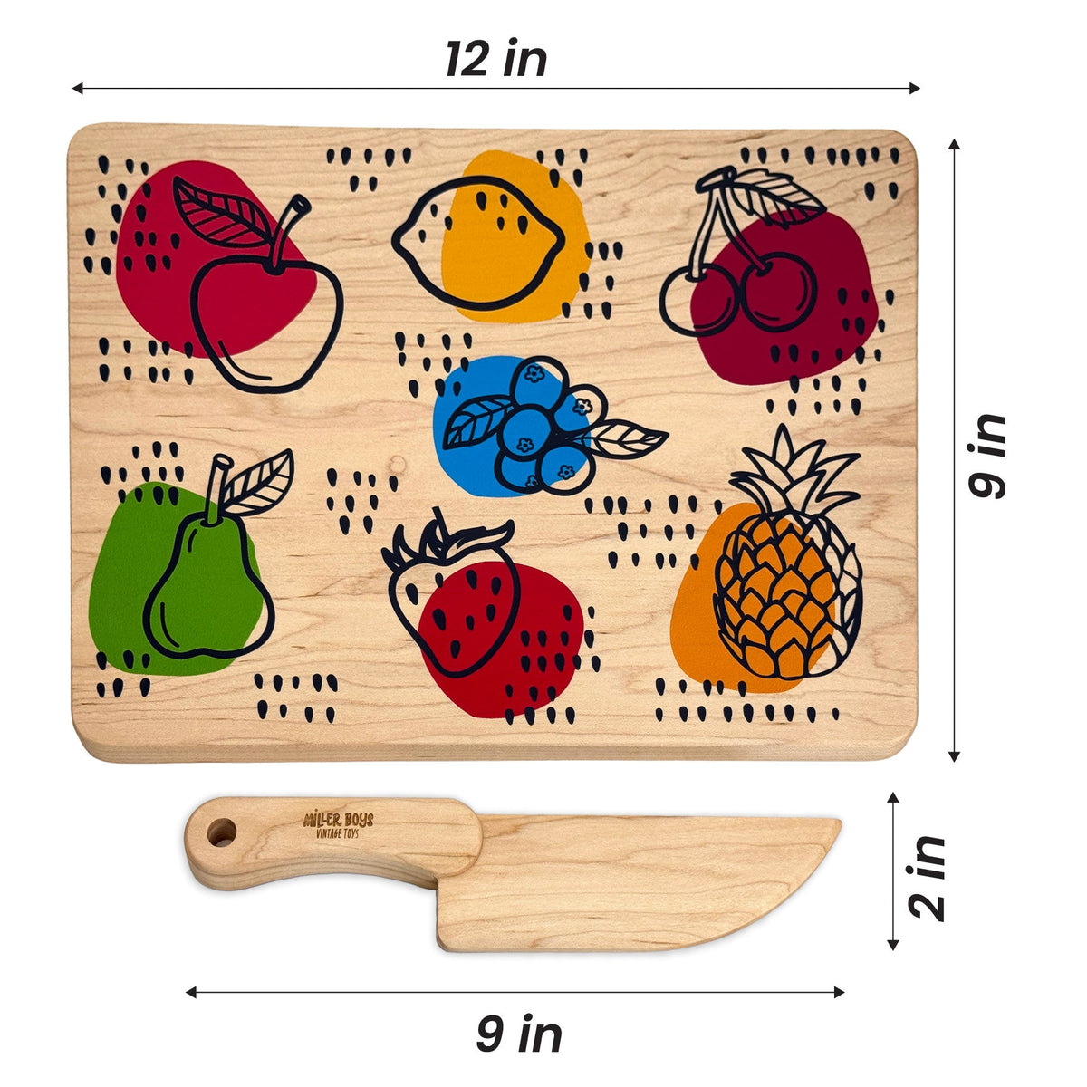 Kid's Chef-in-Training Fruit Wooden Cutting Board with Handcrafted Wooden Knife | Made in the USA 🇺🇸