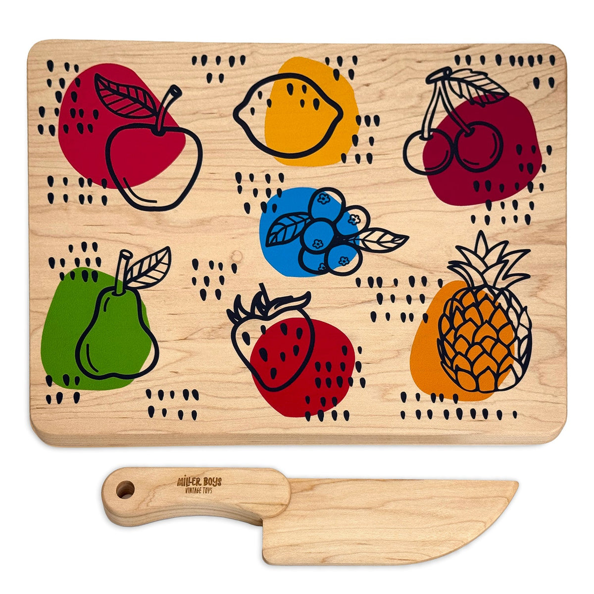 Kid's Chef-in-Training Fruit Wooden Cutting Board with Handcrafted Wooden Knife | Made in the USA 🇺🇸
