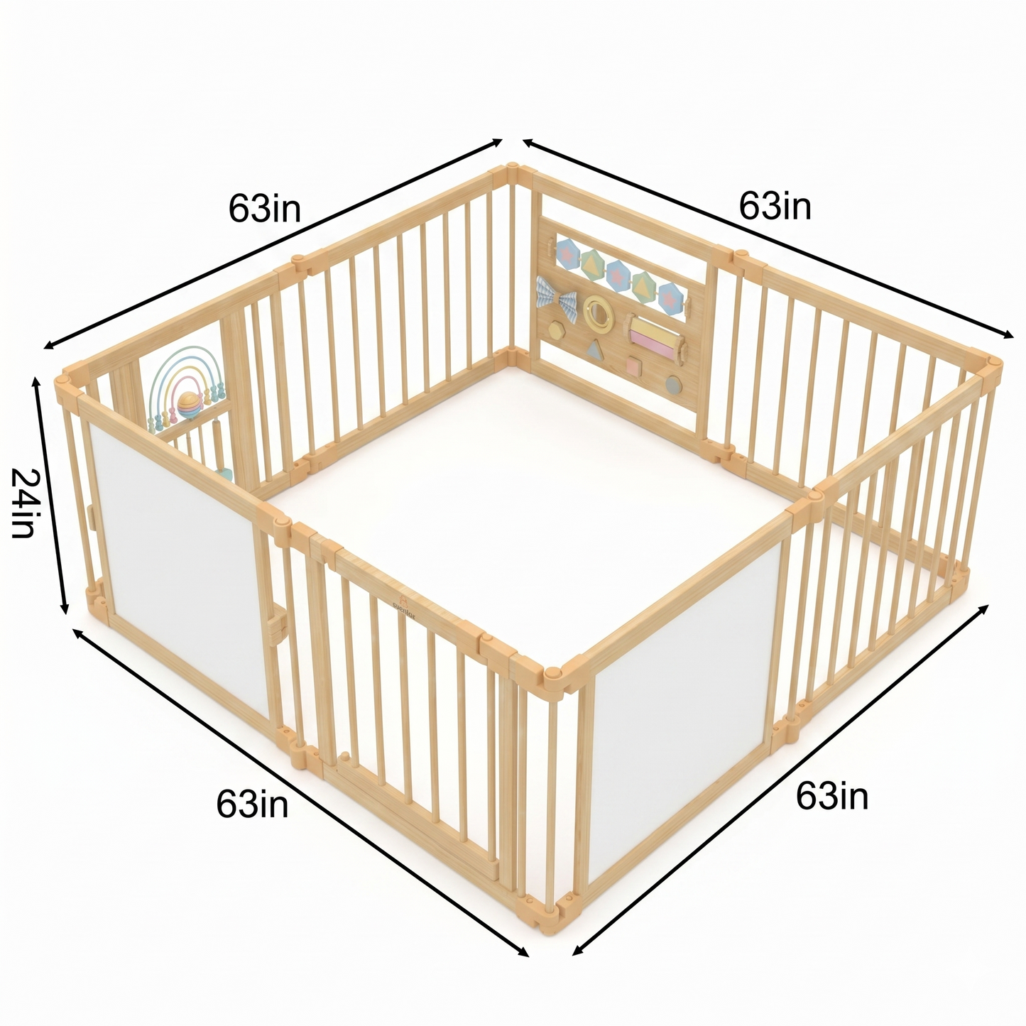 Wooden Baby Playpen with Mirror & Whiteboard Panel – Foldable 63" x 63" Montessori Sensory Play Yard