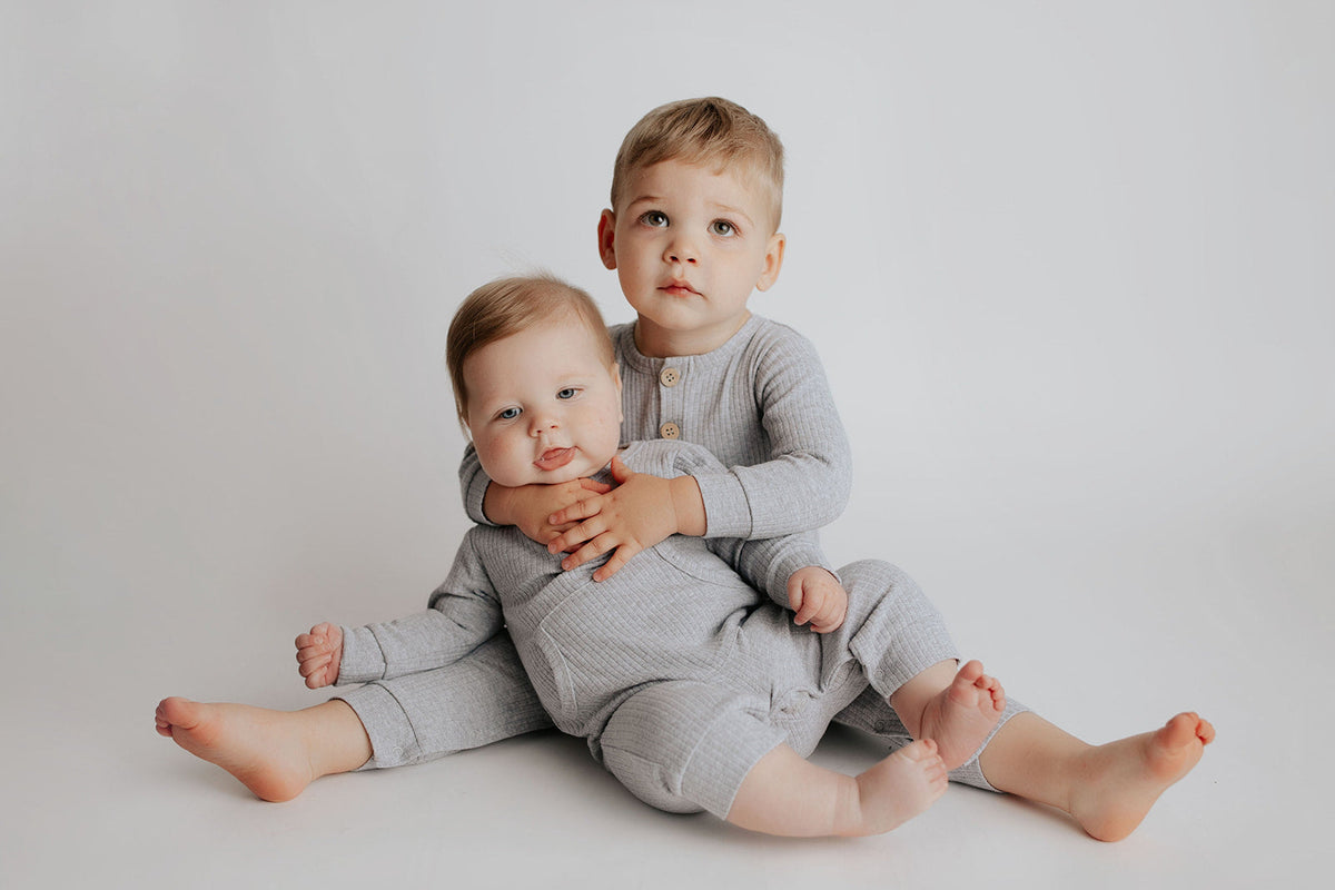 Gray Baby Ribbed Playsuit with pockets