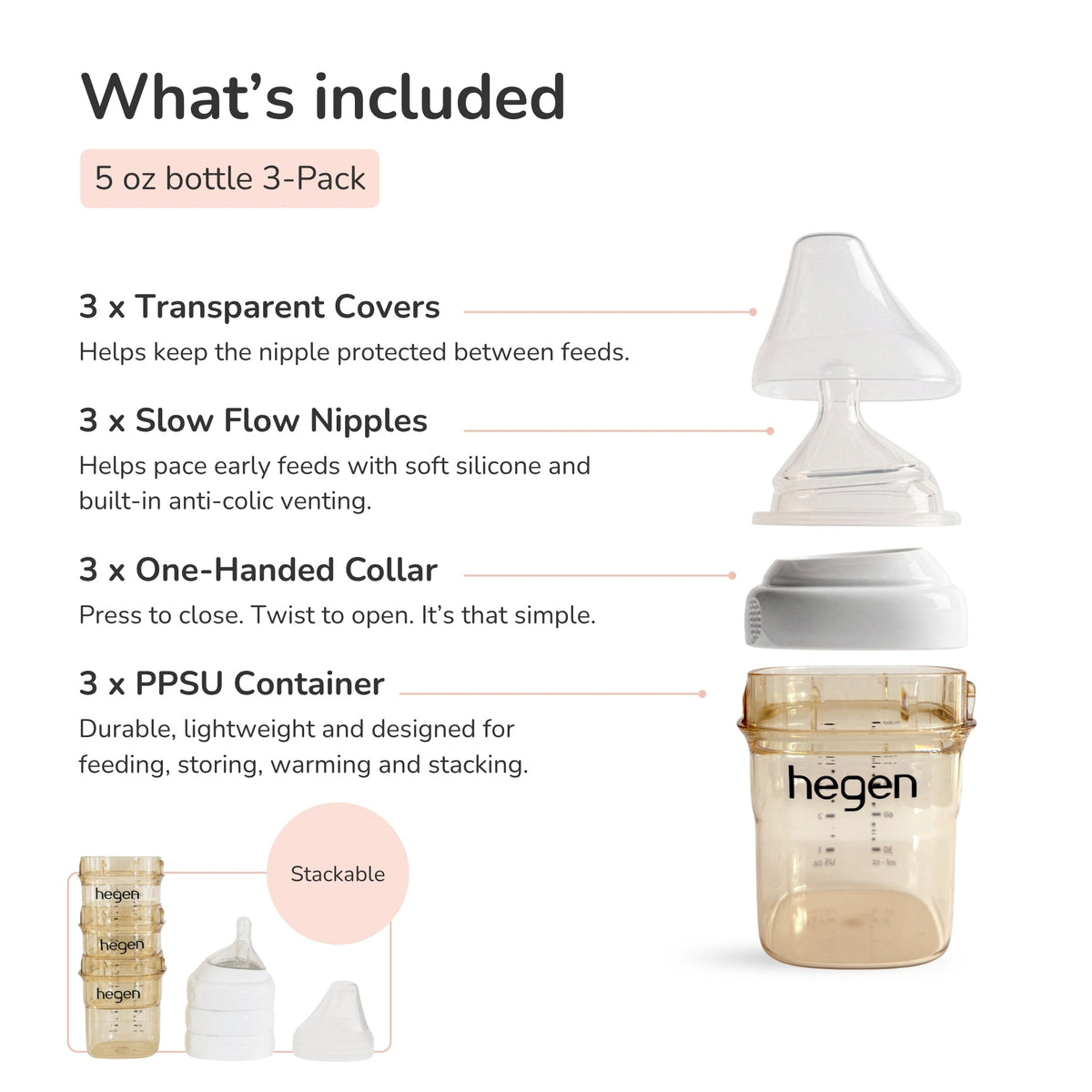 Hegen PPSU Anti-Colic Baby Bottle - 1 to 3 Months 150ml/5oz - 3-Pack - White