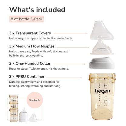 Hegen PPSU Anti-Colic Baby Bottle - 3 to 6 Months - 240ml/8oz - 3-Pack - White