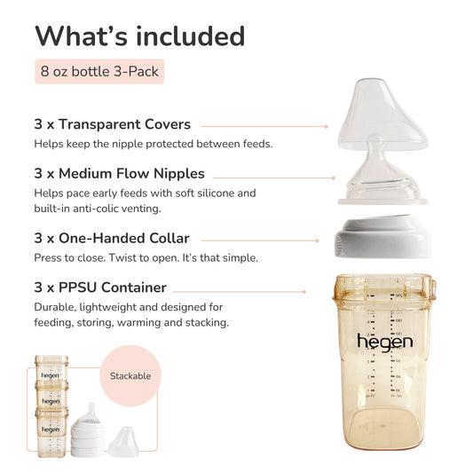 Hegen PPSU Anti-Colic Baby Bottle - 3 to 6 Months - 240ml/8oz - 3-Pack - White