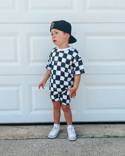 Organic Cotton Black & White Checkered Shorts Set
