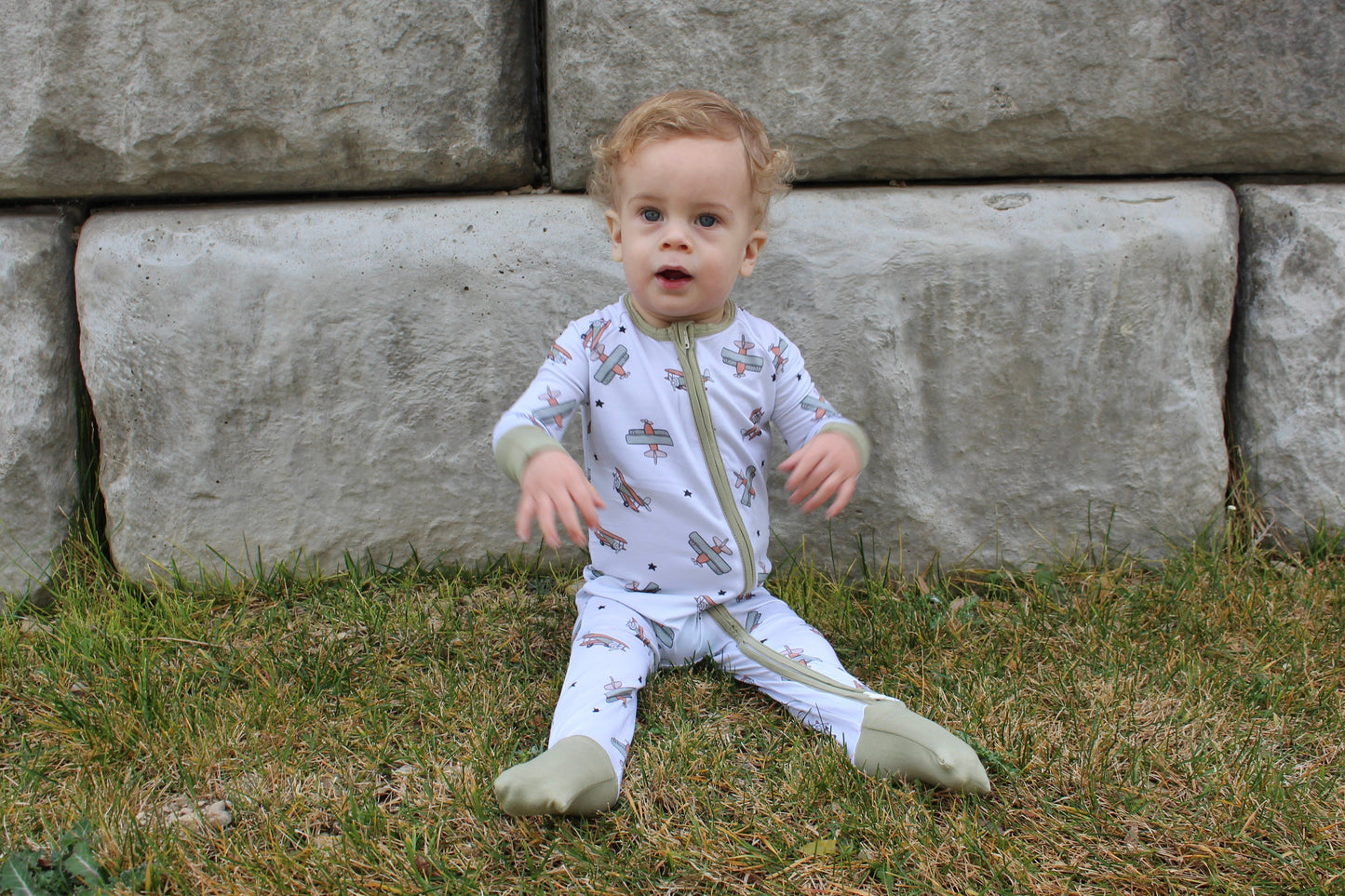 Vintage Airplane Bamboo Zipper Romper