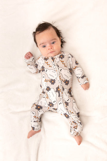 Floral Ghost Halloween Baby Bamboo Zipper Romper
