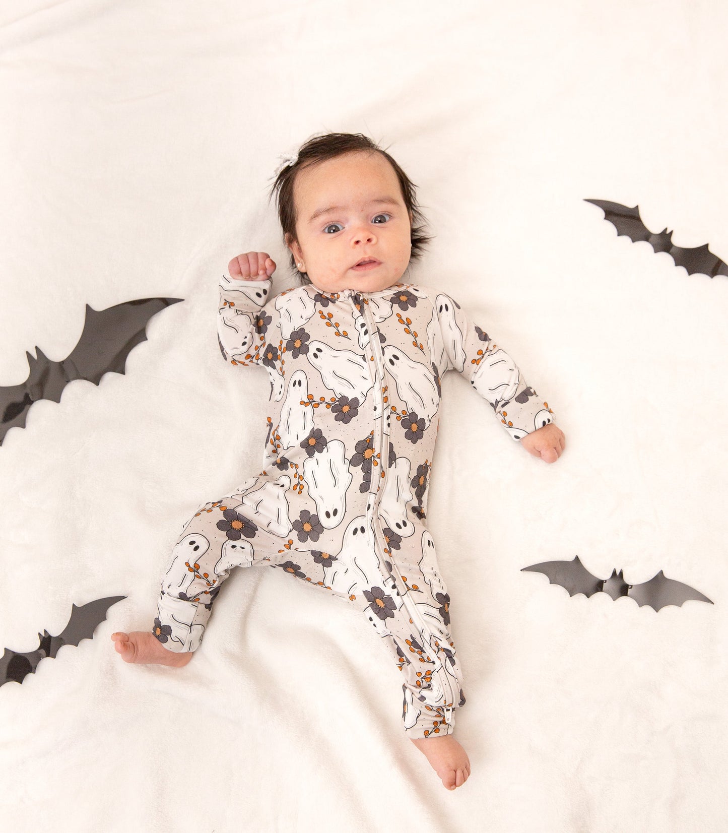 Floral Ghost Halloween Baby Bamboo Zipper Romper