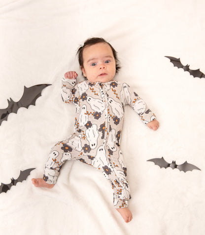 Floral Ghost Halloween Baby Bamboo Zipper Romper