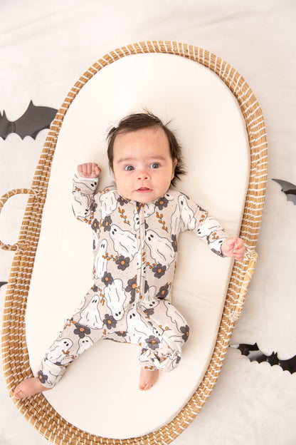Floral Ghost Halloween Baby Bamboo Zipper Romper