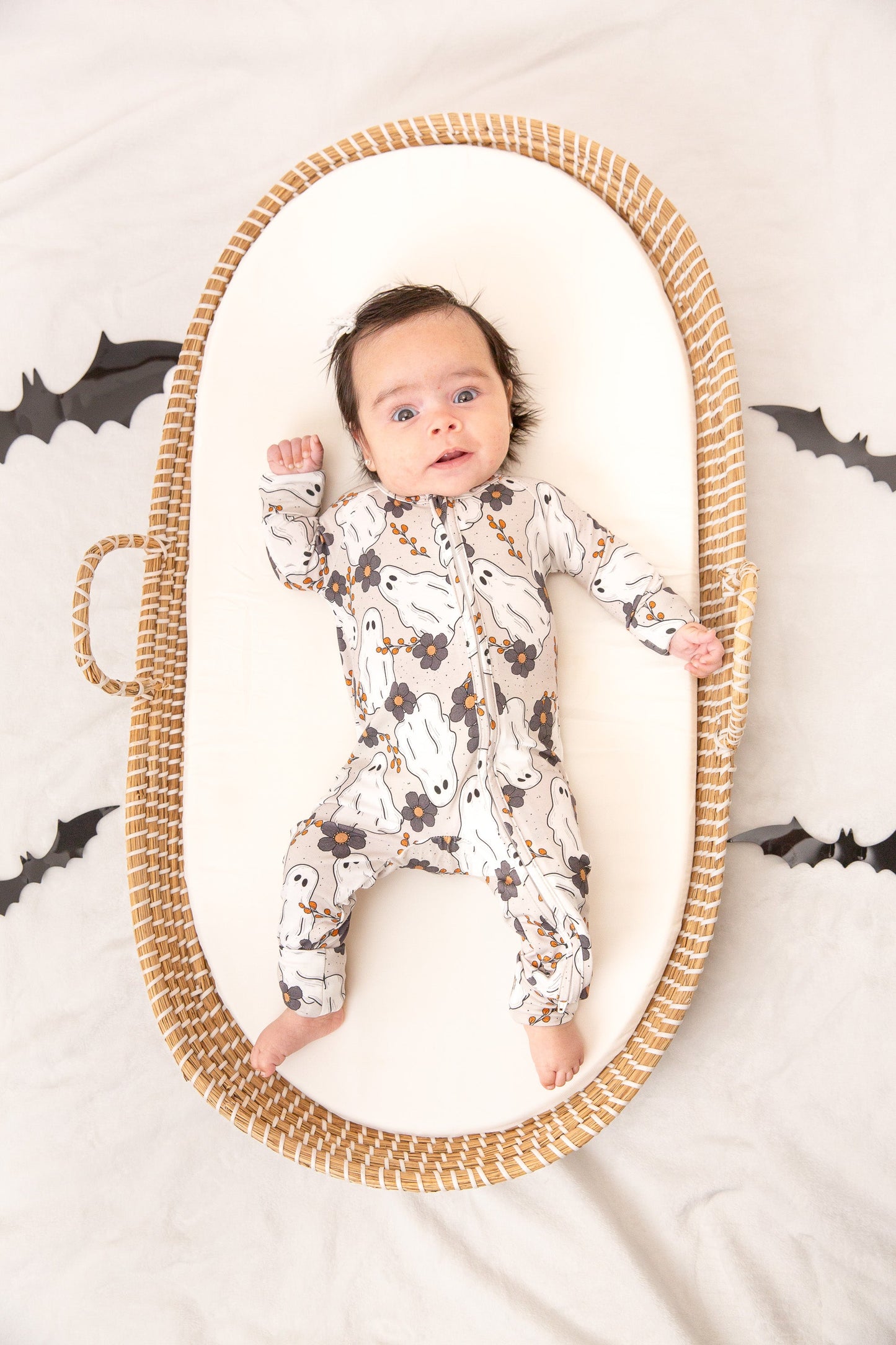 Floral Ghost Halloween Baby Bamboo Zipper Romper