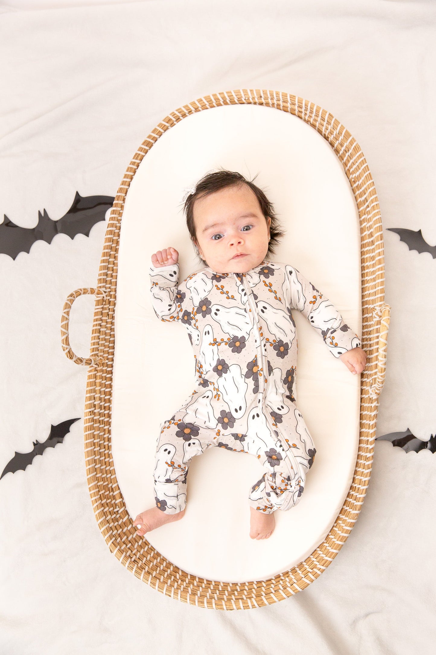 Floral Ghost Halloween Baby Bamboo Zipper Romper