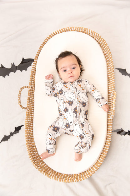 Floral Ghost Halloween Baby Bamboo Zipper Romper