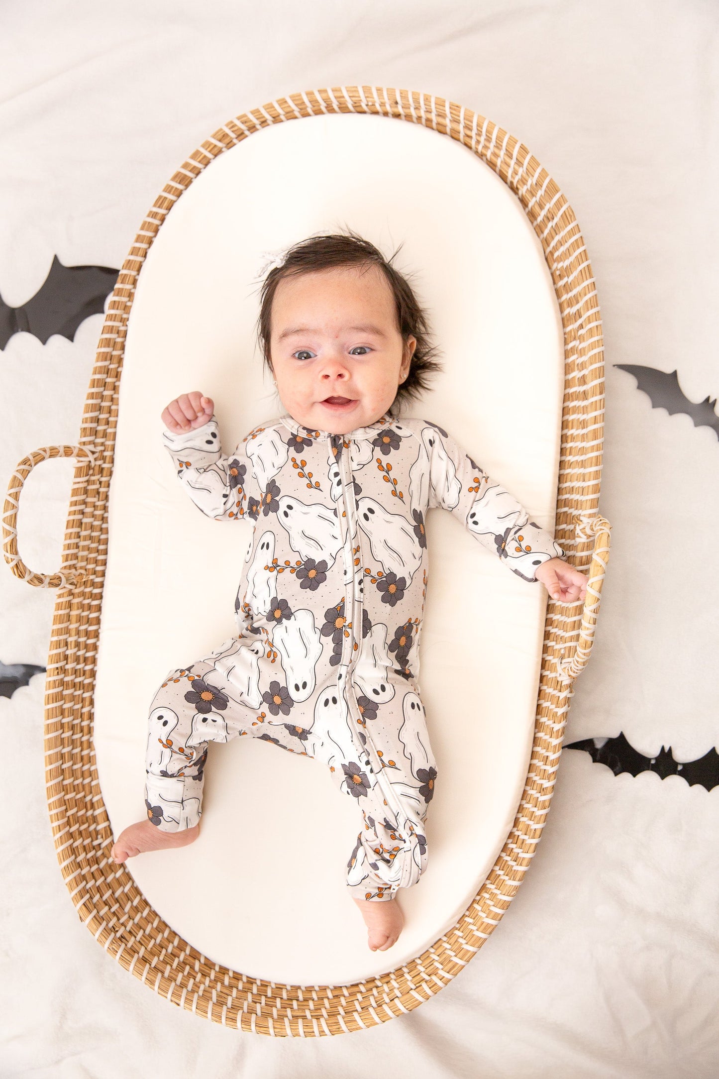 Floral Ghost Halloween Baby Bamboo Zipper Romper