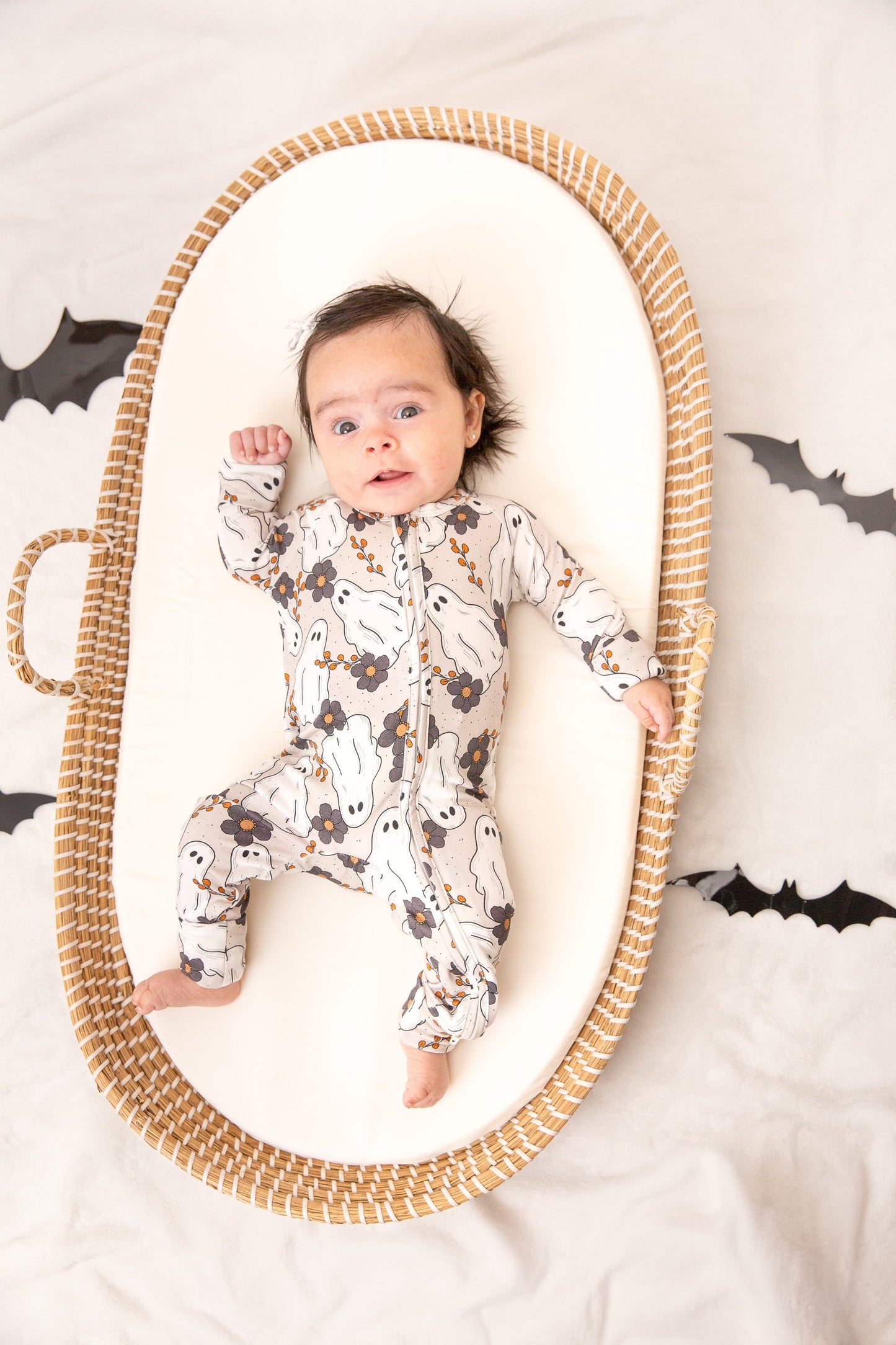 Floral Ghost Halloween Baby Bamboo Zipper Romper