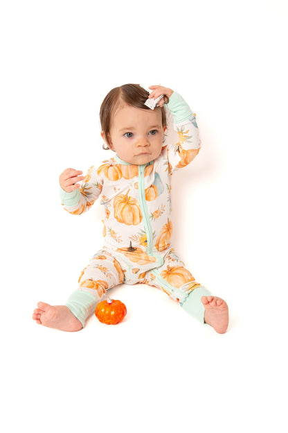 Pumpkin Floral Baby Bamboo Zipper Romper