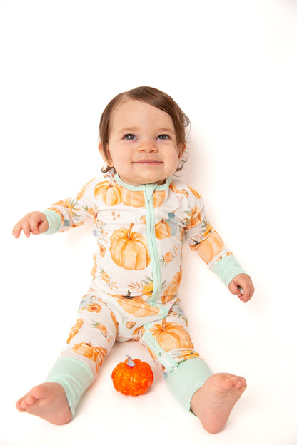 Pumpkin Floral Baby Bamboo Zipper Romper