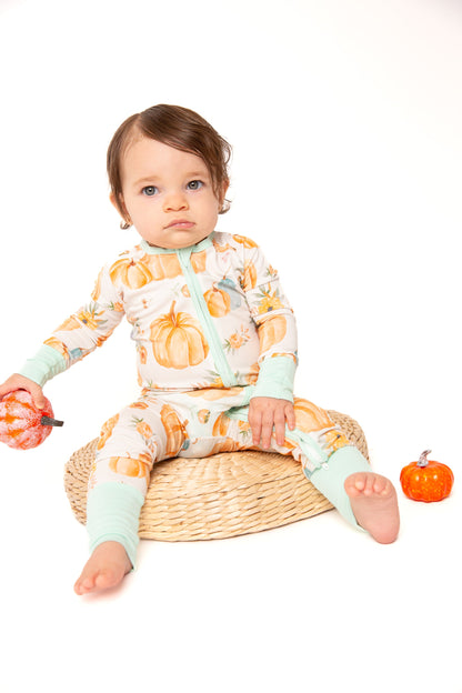 Pumpkin Floral Baby Bamboo Zipper Romper