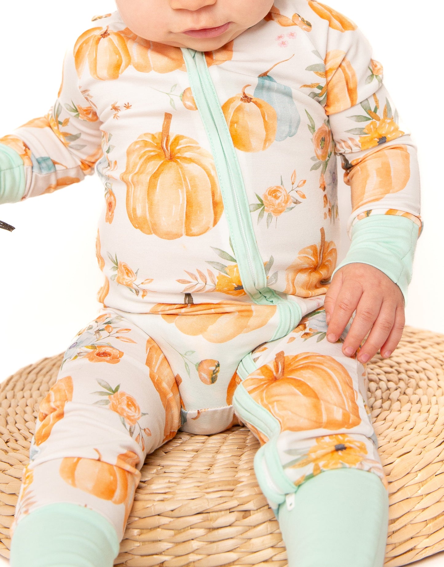 Pumpkin Floral Baby Bamboo Zipper Romper