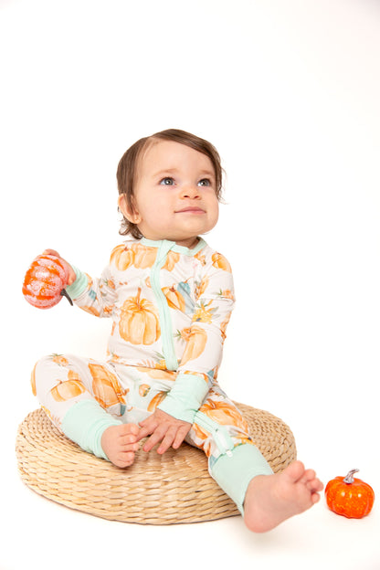 Pumpkin Floral Baby Bamboo Zipper Romper