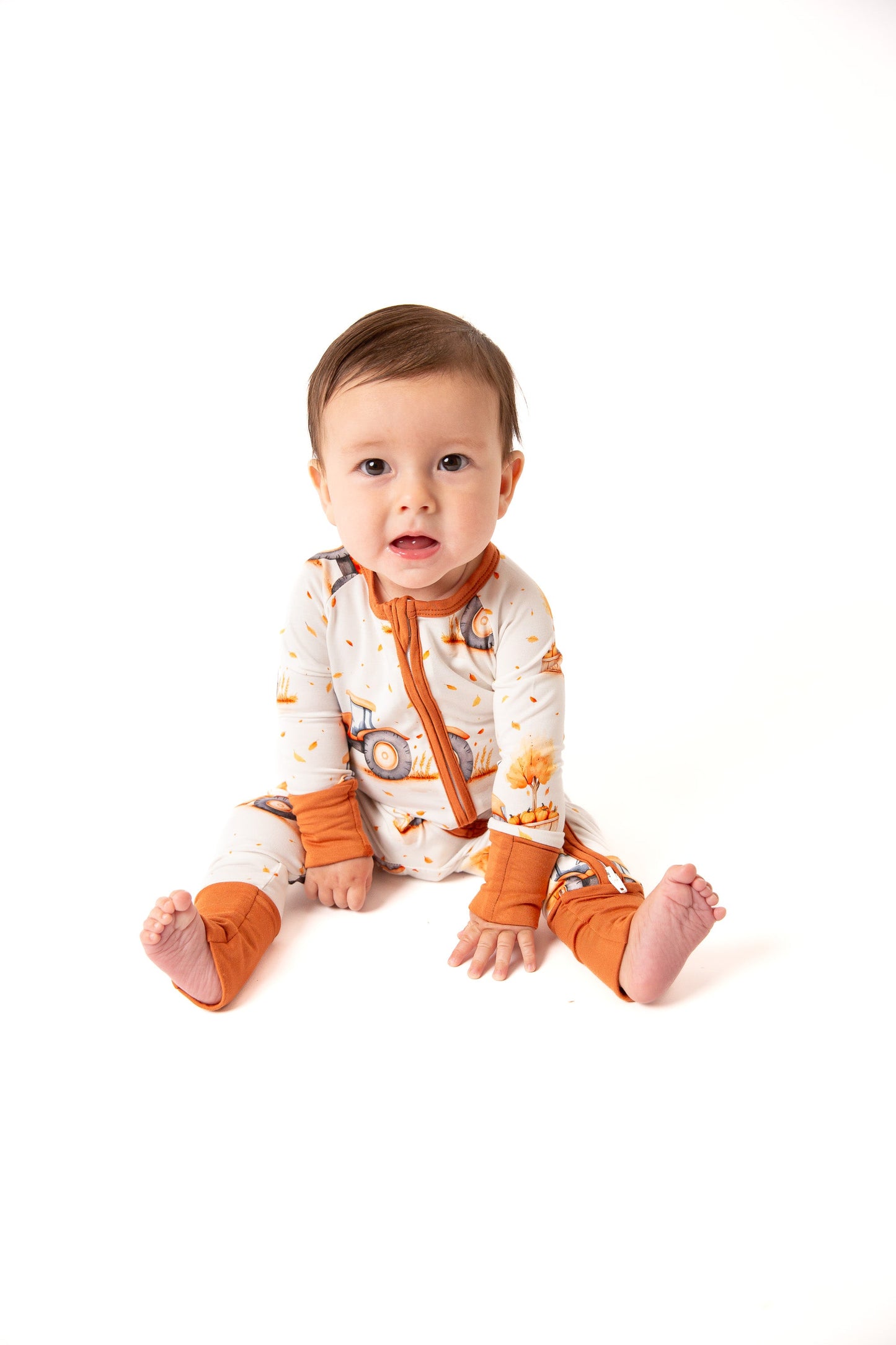 Fall Pumpkin Tractors Baby Bamboo Zipper Romper
