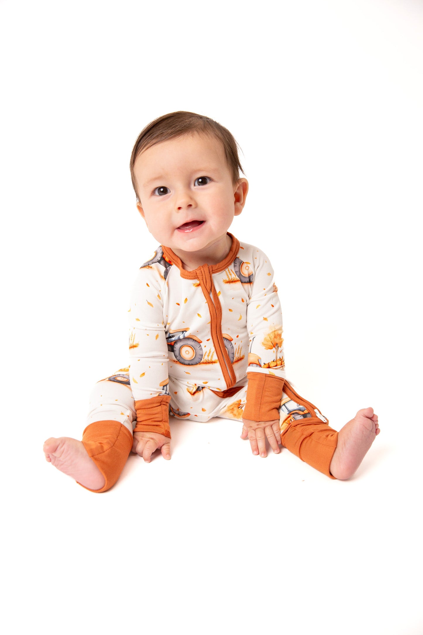 Fall Pumpkin Tractors Baby Bamboo Zipper Romper