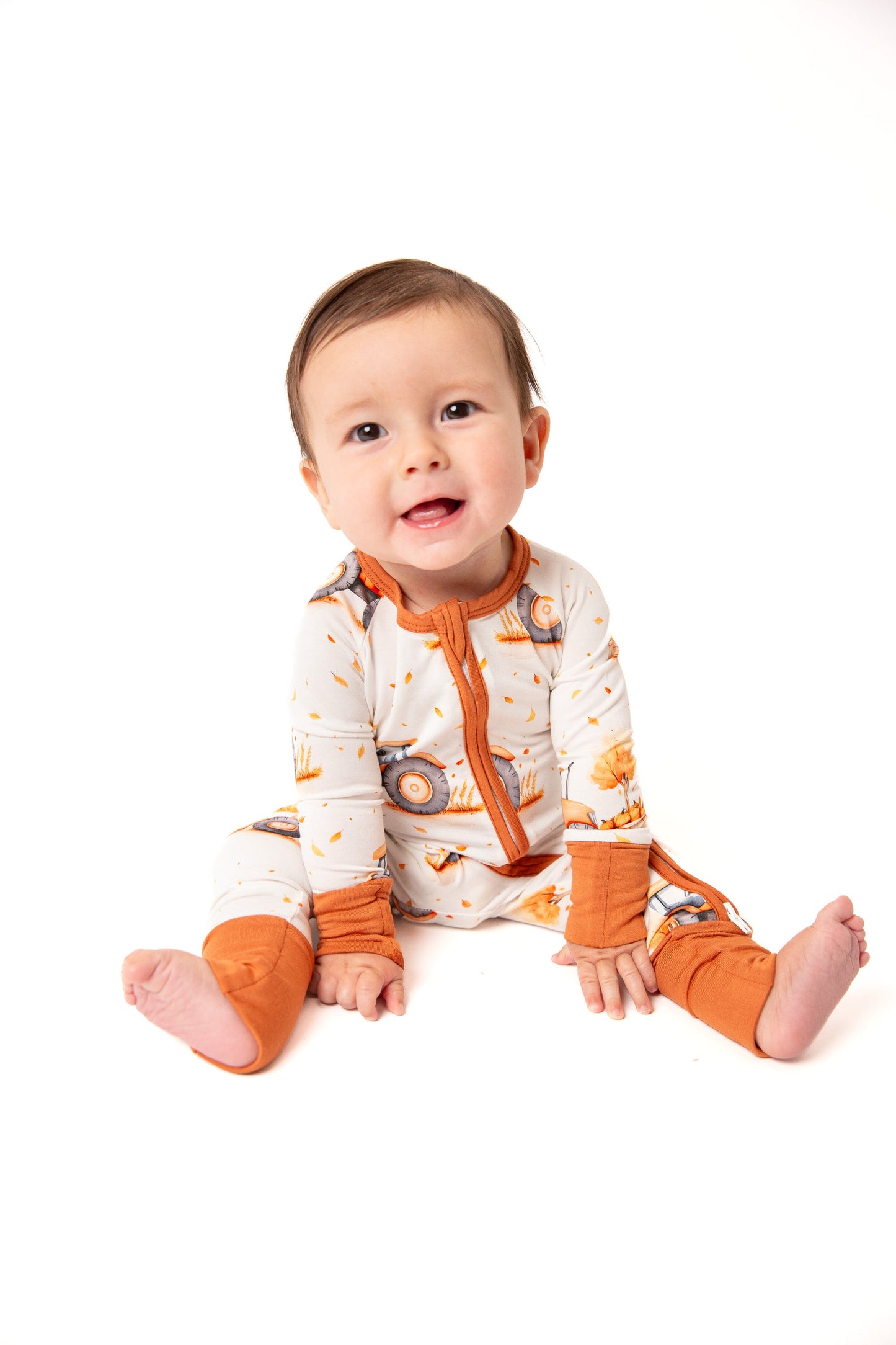 Fall Pumpkin Tractors Baby Bamboo Zipper Romper