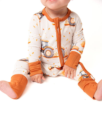 Fall Pumpkin Tractors Baby Bamboo Zipper Romper