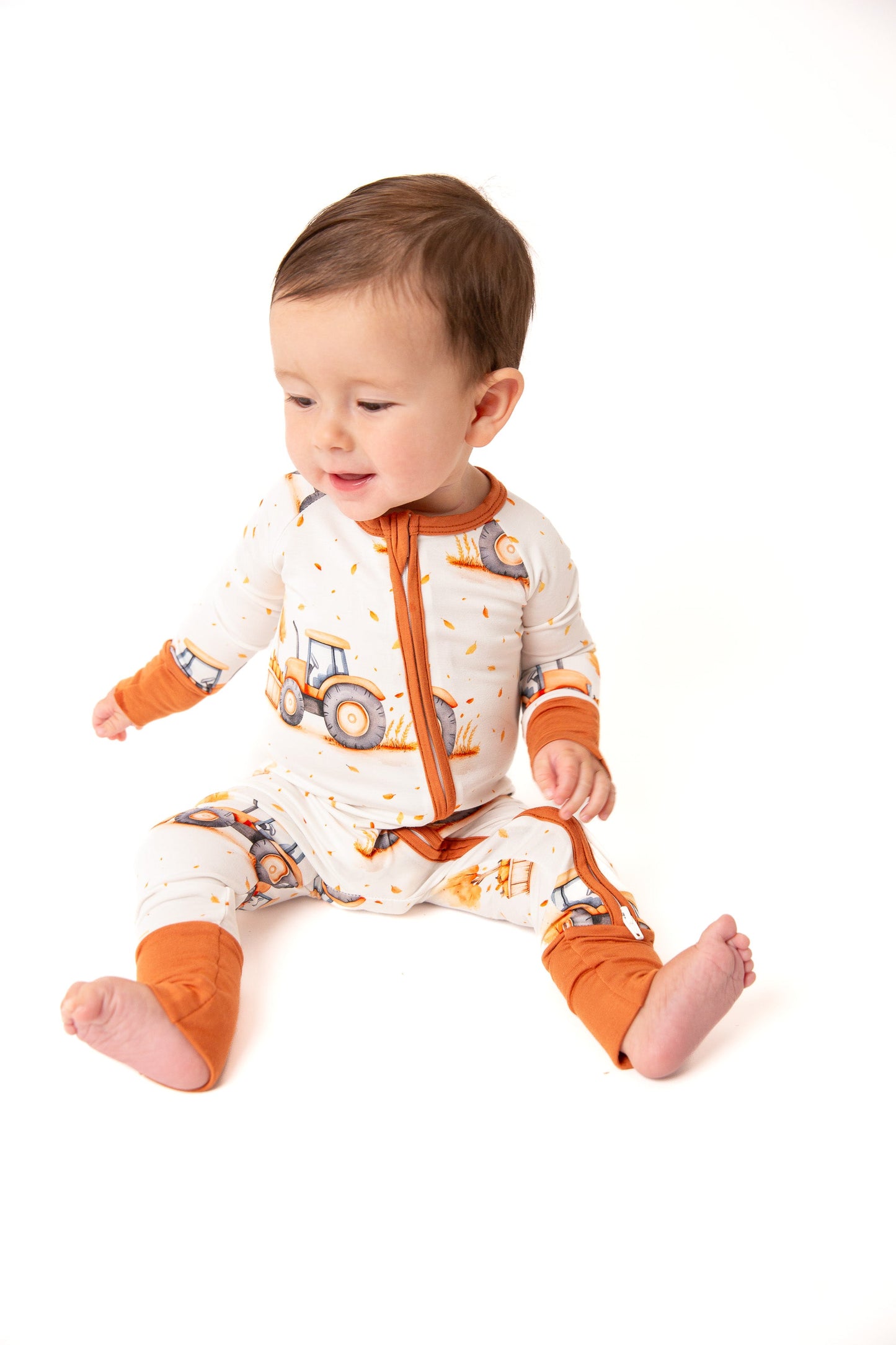 Fall Pumpkin Tractors Baby Bamboo Zipper Romper