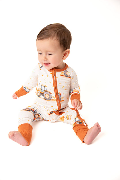 Fall Pumpkin Tractors Baby Bamboo Zipper Romper