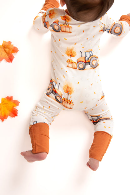 Fall Pumpkin Tractors Baby Bamboo Zipper Romper