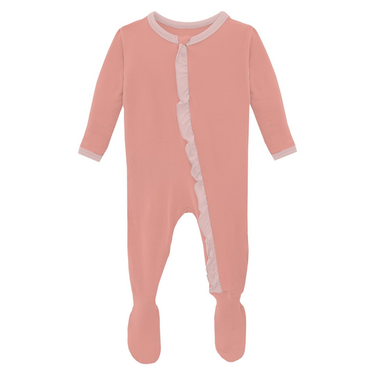 Classic Ruffle Footie with 2 Way Zipper, Blush with Baby Rose